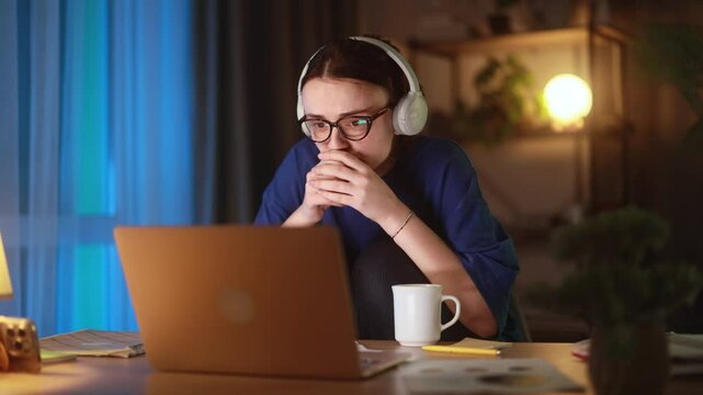 Hopeful young woman in headphones crossing fingers at home anxiously waiting for important news or results while sitting at laptop in cozy workplace
