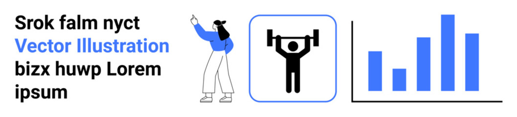 Businesswoman highlights information, weightlifting icon represents strength, and a bar chart shows data trends. Ideal for business strategy, fitness tracking, goal setting, productivity, progress