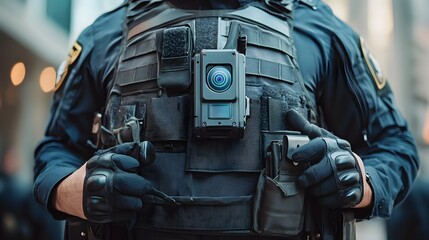 Law enforcement officer holding a body camera for enhanced security and surveillance in a professional setting