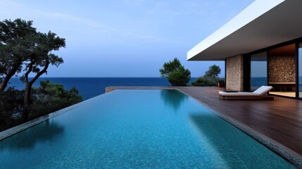 Fototapeta premium Luxury cliffside infinity pool overlooking the sea. Wooden deck, modern architecture, and lush greenery