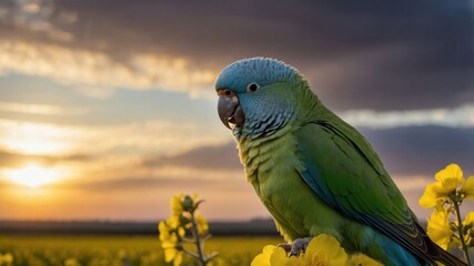 Obraz premium A colorful parrot perched among yellow flowers at sunset, showcasing nature's beauty.