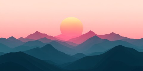 Fototapeta premium Sunset over rolling mountains creates a serene landscape with warm hues and soft shadows in the evening sky