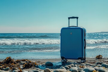 Blue Hard Shell Luggage on Rocky Beach Near Ocean Water With Clear Sky Background