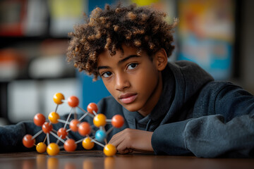 Young Scientist and Molecule Model: A curious young scientist studies a molecule model, symbolizing learning and scientific exploration. The image encapsulates the intersection of youth, intelligence.
