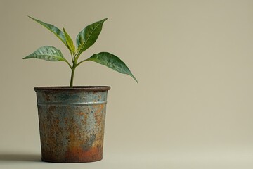 Fototapeta premium Young green plant growing in a rustic metal pot against a neutral background