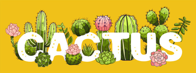 Cactus floral tropical vector illustration with different succulents and cacti gymnocalycium and opuntia on yellow background with large white text