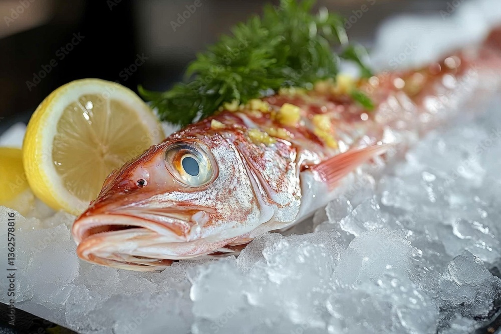 Aufkleber freshly prepared fish with lemon slices and herbs served on ice for a culinary presentation