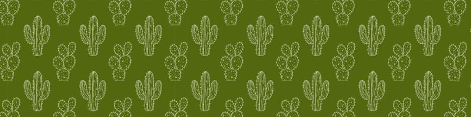 Seamless vector Ornament endless pattern. hand drawn cactus and succulents outline on green background.