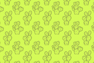 Seamless vector Ornament endless pattern. hand drawn cactus and succulents outline on green background