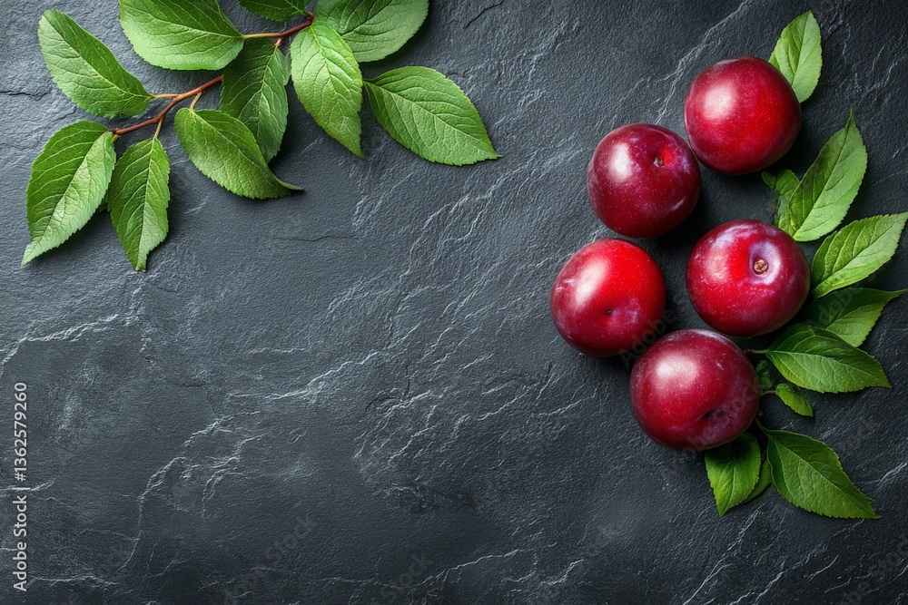Aufkleber fresh red plums and green leaves arranged on a dark stone surface in a rustic kitchen setting in aut