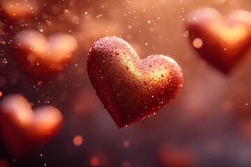 Obraz premium Heart-shaped ornaments with sparkles suspended midair in a soft, warm-toned environment