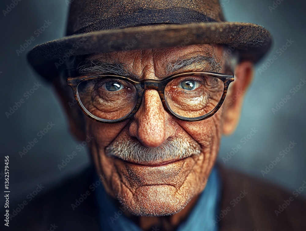 Poster older man in glasses and hat joyful expression with background blur in closeup portrait expressing w