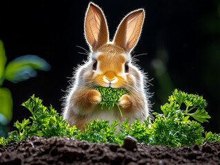 Cute bunny eating parsley outdoors.
