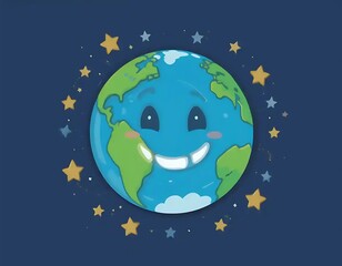 Cartoon Earth Illustration with Smiling Face and Stars on Dark Background
