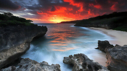 Obraz premium Dramatic Fiery Sunset Over Tropical Ocean With Rocky Coastline In Golden Light And Turquoise Water
