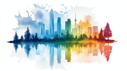 Watercolor cityscape reflection urban landscape art illustration modern environment panoramic view conceptual aesthetics