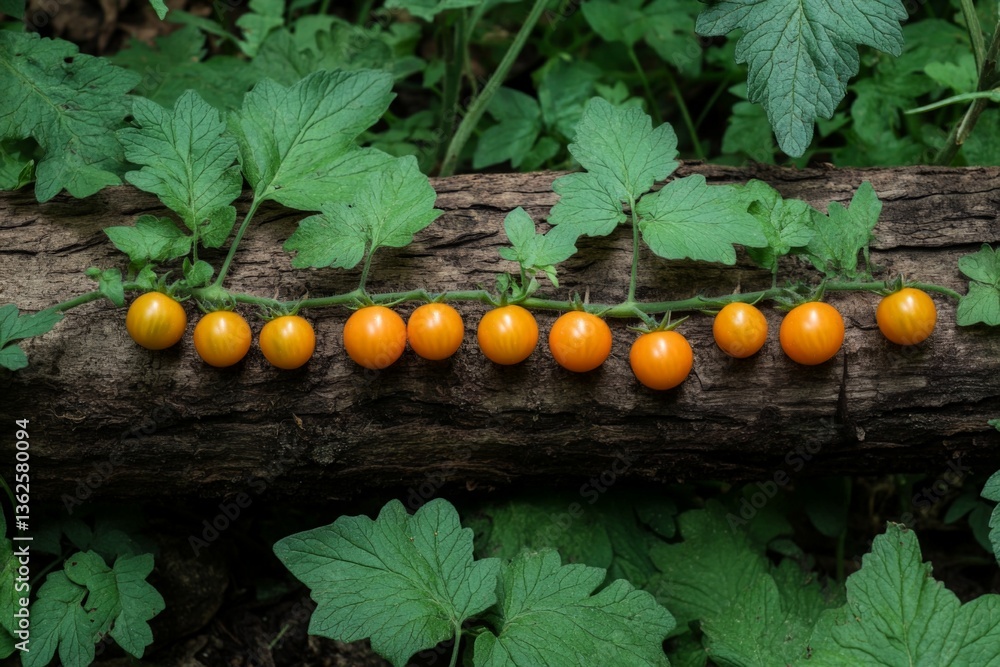 Poster Golden berries arranged neatly on a log surrounded by vibrant green foliage in a forest setting