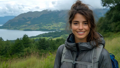 Naklejka premium Hiker portrait Mountains, lake, greenery surround a smiling traveler with a backpack