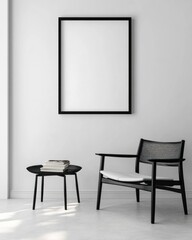 Minimalist room interior with chair, side table, and blank frame.