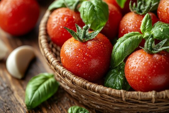 Fresh cherry tomatoes and basil in a woven basket on a rustic wooden surface with droplets of water in a kitchen setting