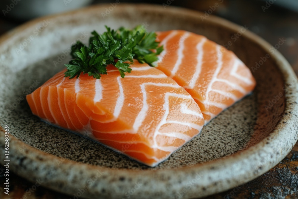 Poster fresh salmon fillet garnished with parsley served on rustic plate in cozy dining setting