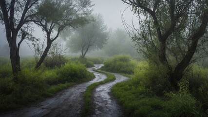 A winding path through a misty forest, surrounded by lush greenery and soft light.
