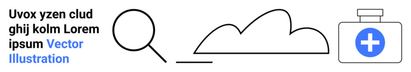 Magnifying glass near abstract curved cloud shape and medical bottle with plus sign. Ideal for innovation, analysis, healthcare, search, environment, technology, simple landing page