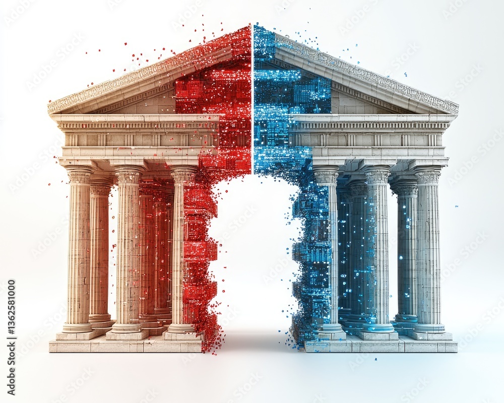 Poster digital artwork of a classical archway split in red and blue with pixelation