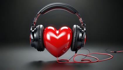 Listening to music with your heart: bright red heart symbol in headphones. Vector style image