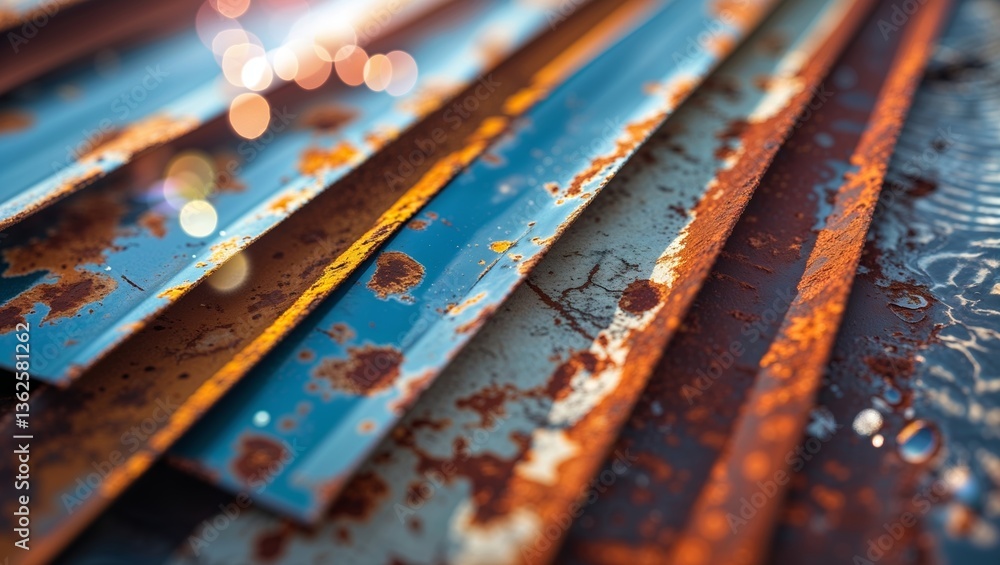 Poster rusty metallic sheets create a textured surface with vibrant colors and reflections at a constructio