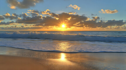 Fototapeta premium Golden Sunset Over Ocean Waves Crashing onto Sandy Beach with Cloudscape and Sunlight Reflection in Water in a Seascape Landscape
