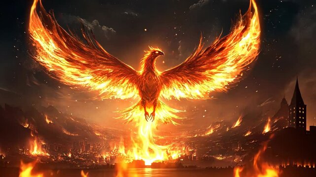 Majestic phoenix rising from flames above a scorched landscape during twilight hours