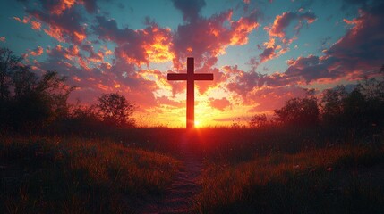 A cross is in the middle of a field with a sunset in the background