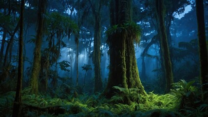 A serene forest scene illuminated by soft light, showcasing lush greenery and towering trees.