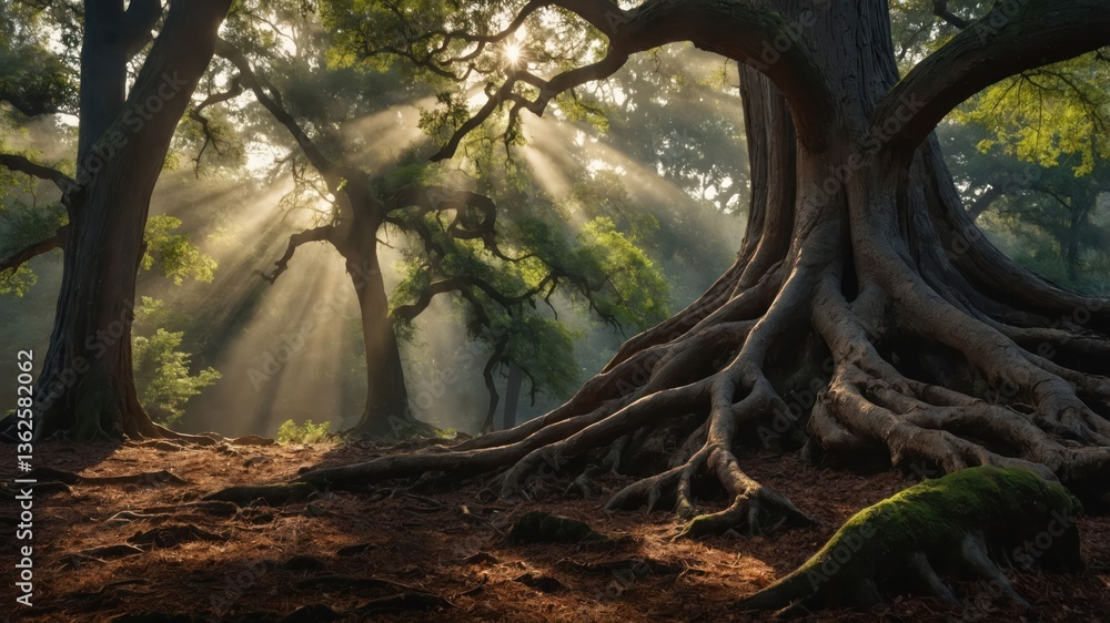 Poster a serene forest scene with sunlight filtering through trees and intricate roots.