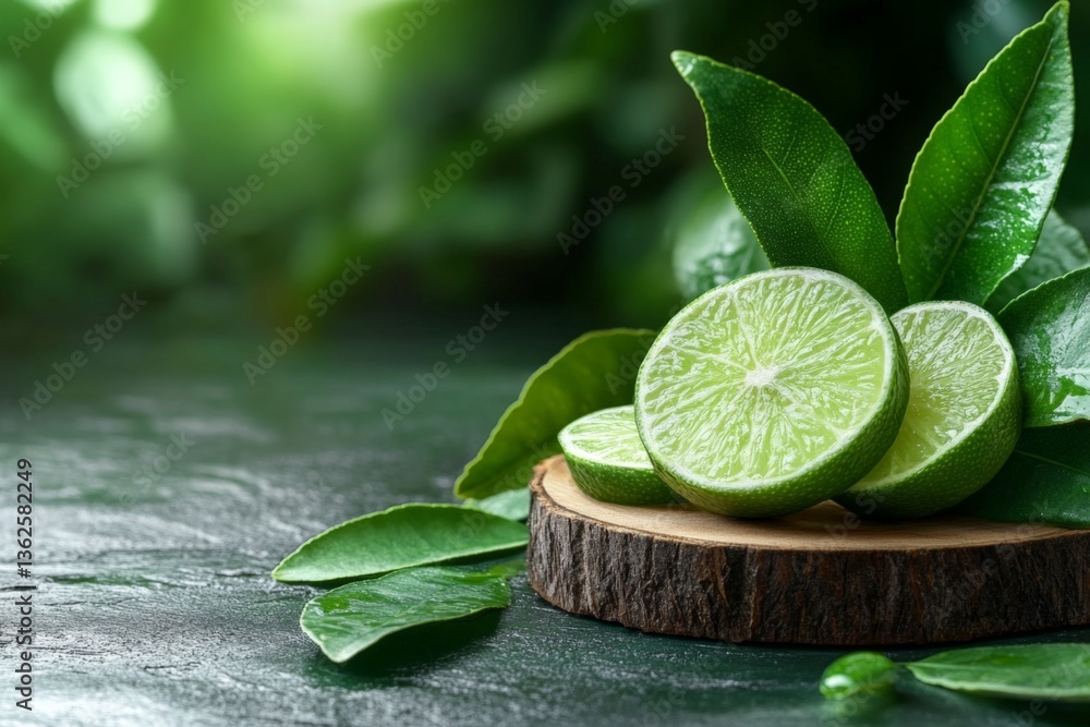 Poster fresh lime slices arranged on a wooden surface surrounded by green leaves in a natural setting