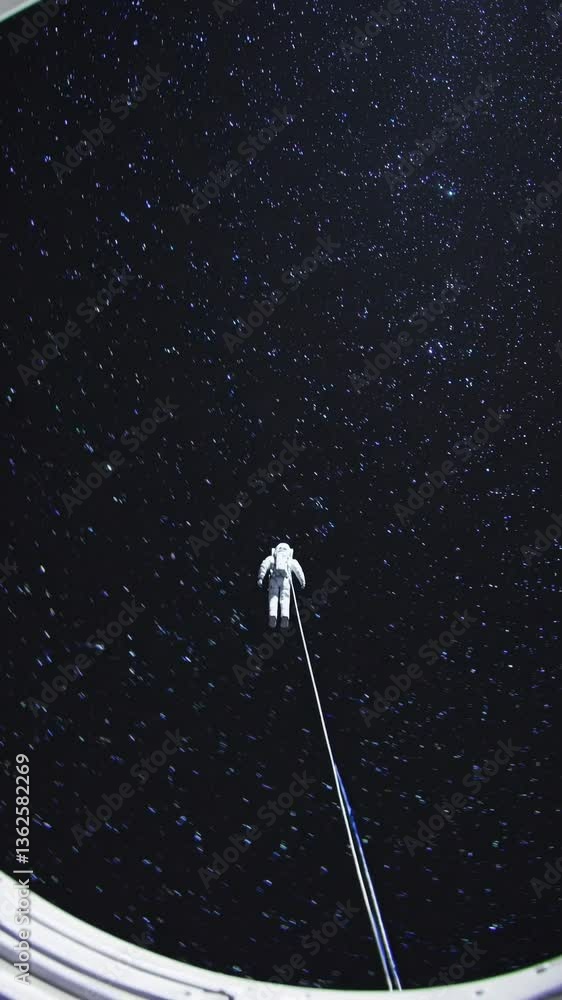 Poster a video still shows an astronaut tethered in space, captured from a low-angle view through a spacecr