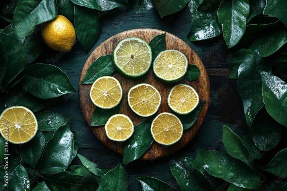 Poster fresh citrus fruit arranged on a wooden board surrounded by green leaves in a rustic setting