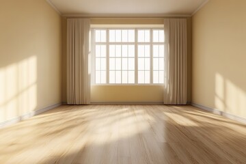 Obraz premium Bright Room Interior with Large Window, White Curtains and Wood Flooring & Light Wall