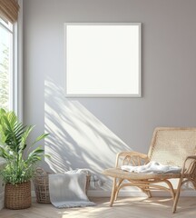 Minimalist room interior with empty frame, chair, and plant.