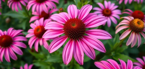 Obraz premium Close-up of pink echinacea coneflower blossoms, vibrant petals and textured center, atop lush green foliage, outdoor, herbal