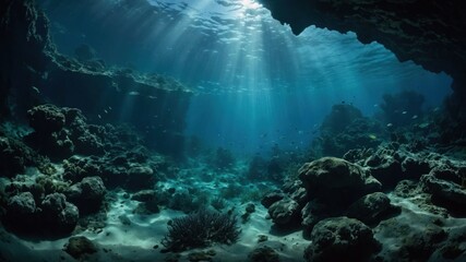 Fototapeta premium Underwater scene showcasing coral formations and sunlight filtering through the water.