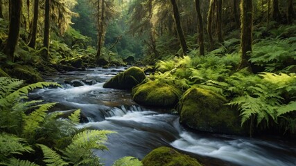 Obraz premium A serene forest scene featuring a flowing stream surrounded by lush greenery and mossy rocks.