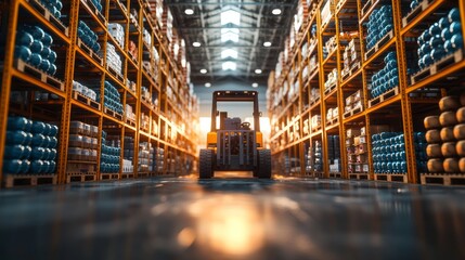 Fototapeta premium Forklift operating in modern warehouse with goods on shelves and bright light