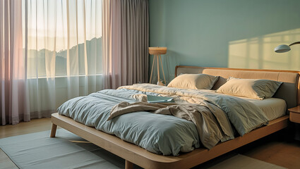 Obraz premium Bright and Restful Bedroom with Neatly Arranged Bedding, Wooden Nightstand, and Floor Lamp for an Aesthetic Touch