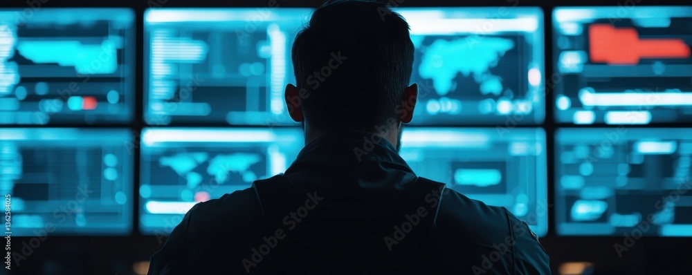 Poster hr employee onboarding concept. control room with screens displaying data and maps.