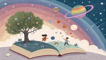 Open book, magical world, planets, cosmos, galaxy, universe