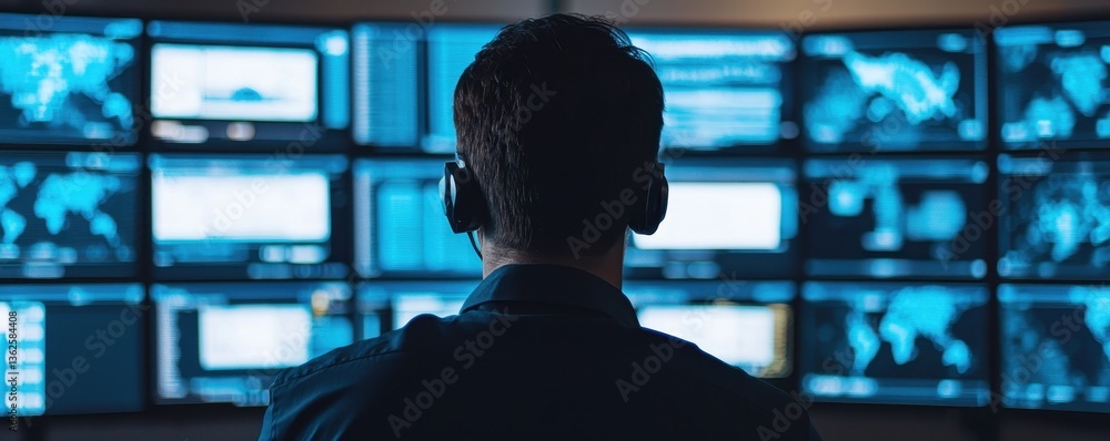 Poster hr employee onboarding concept. man monitoring multiple screens in a data center or control room.