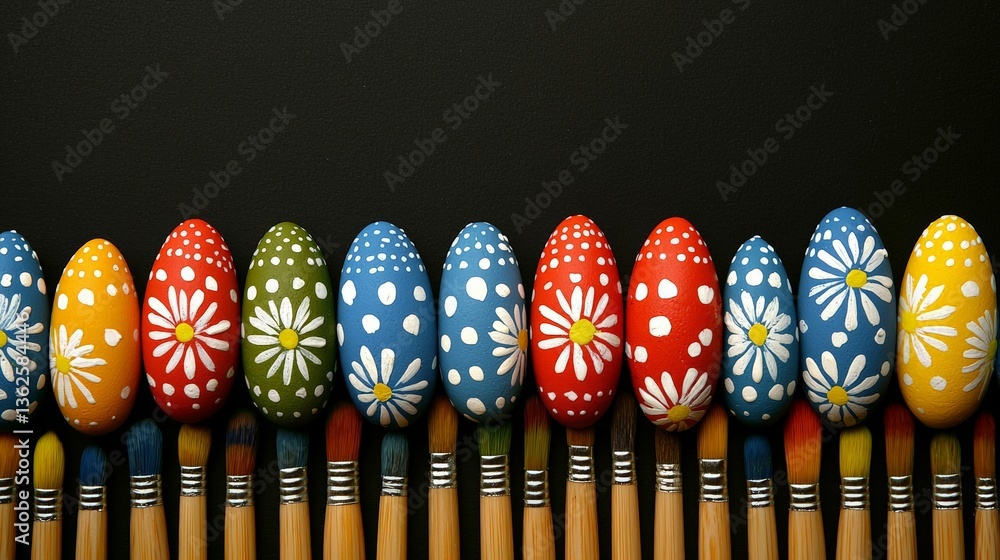 Poster festive row of multicolored easter eggs with bright patterns lined up on black background in horizon