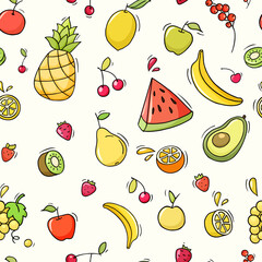 Fruit background with doodle strawberry, apple, lemon and banana. Seamless pattern with pear, pineapple, orange, kiwi and watermelon slice. Fruit and berries pattern, vector sketch illustration